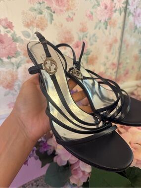 Gucci Black Strappy Heeled Sandals with Gold Logo